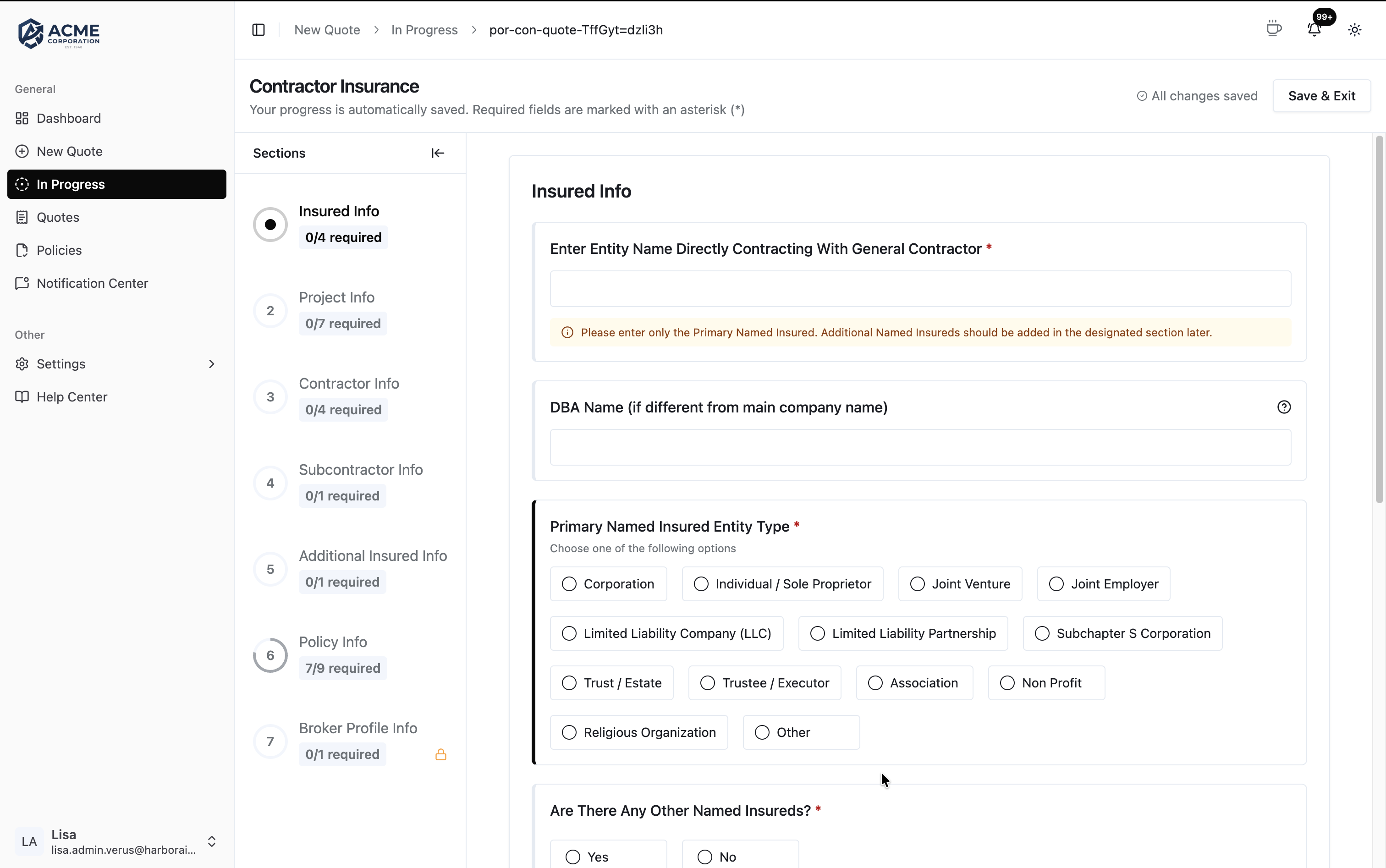Intake workflow screen